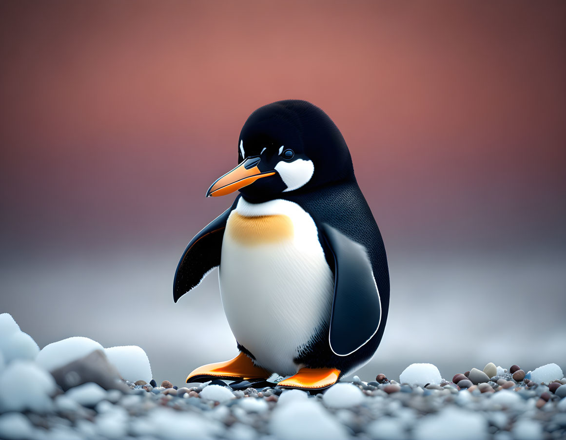 Plump penguin with black back, white belly, and orange beak on pebbles