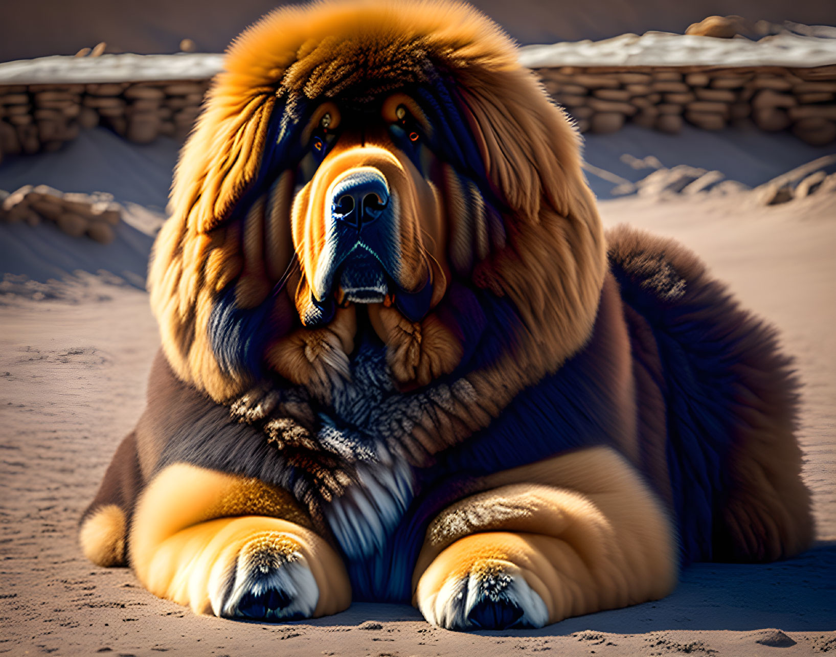 Fluffy Tibetan Mastiff with golden-brown coat in desert setting