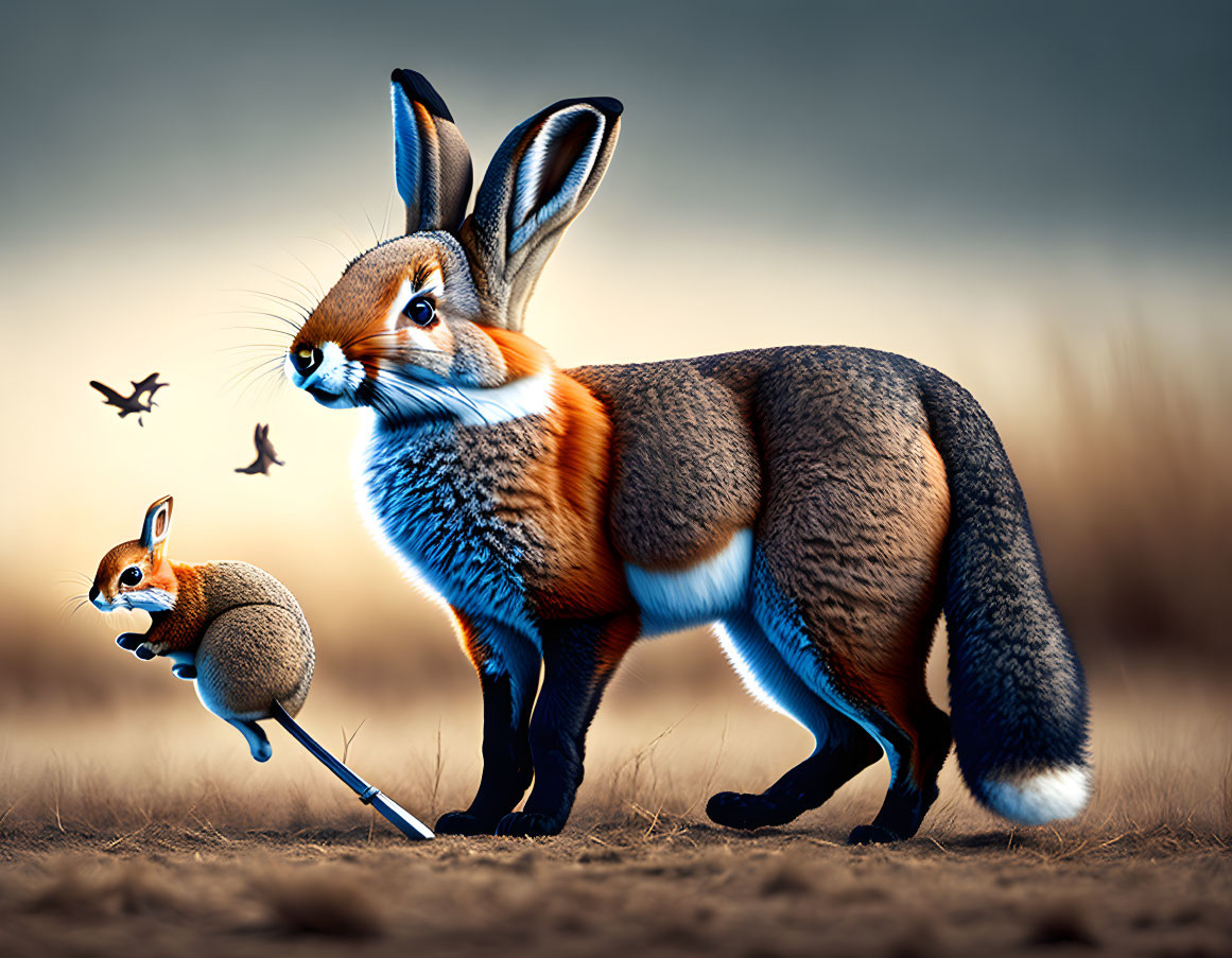 Detailed illustration: Large rabbit and small squirrel with microphone