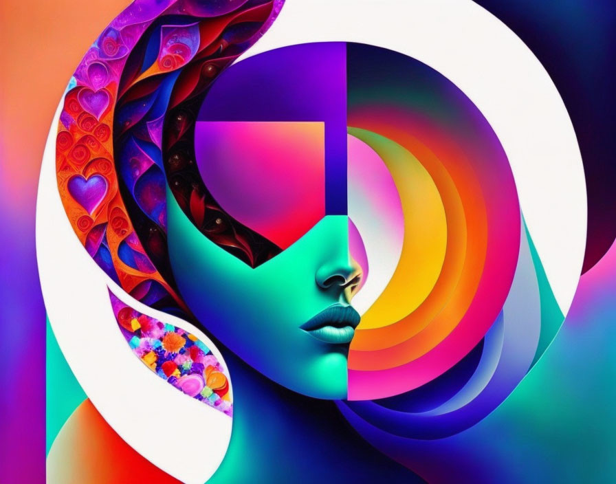 Vibrant abstract art: stylized female face with colorful swirling patterns