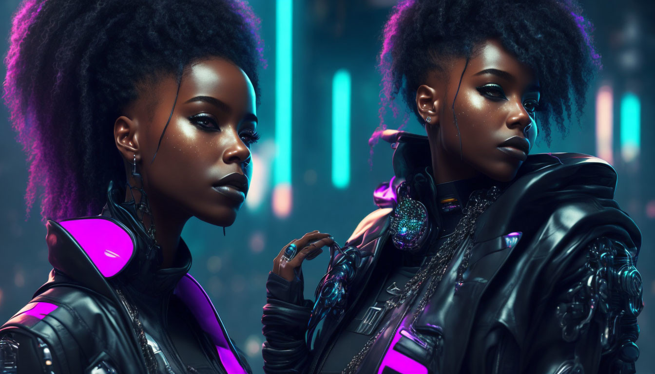 Two women with afro-textured hair in futuristic setting wearing stylish black outfits and purple accents, with