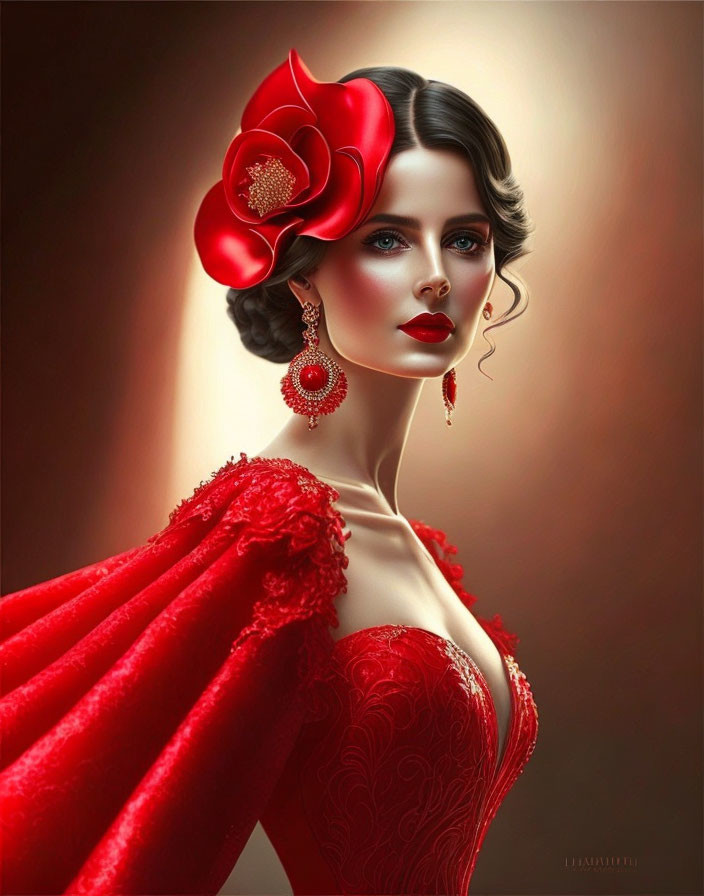 Stylish woman with red flower in hair, wearing luxurious dress and earrings on warm background