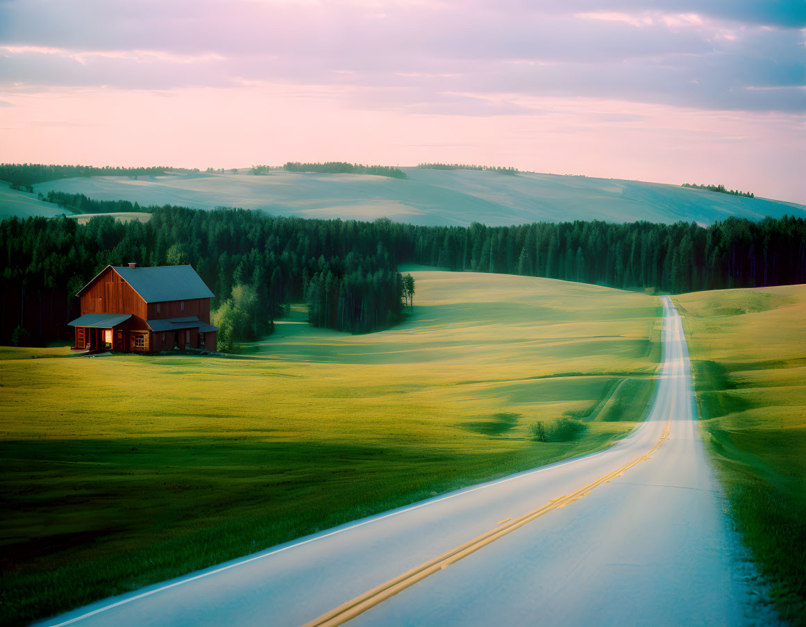 Winding Road Through Green Hills with Wooden House at Dusk