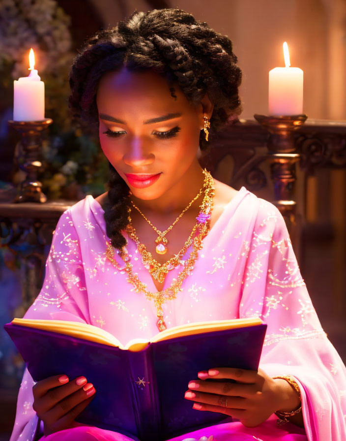 Woman in Pink Dress Reading Book by Candlelight in Serene Setting