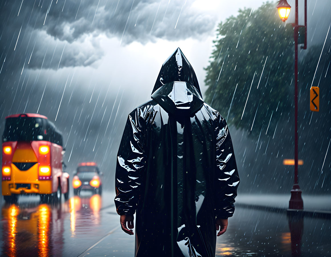 Person in Black Hooded Raincoat Standing in Rainy Street