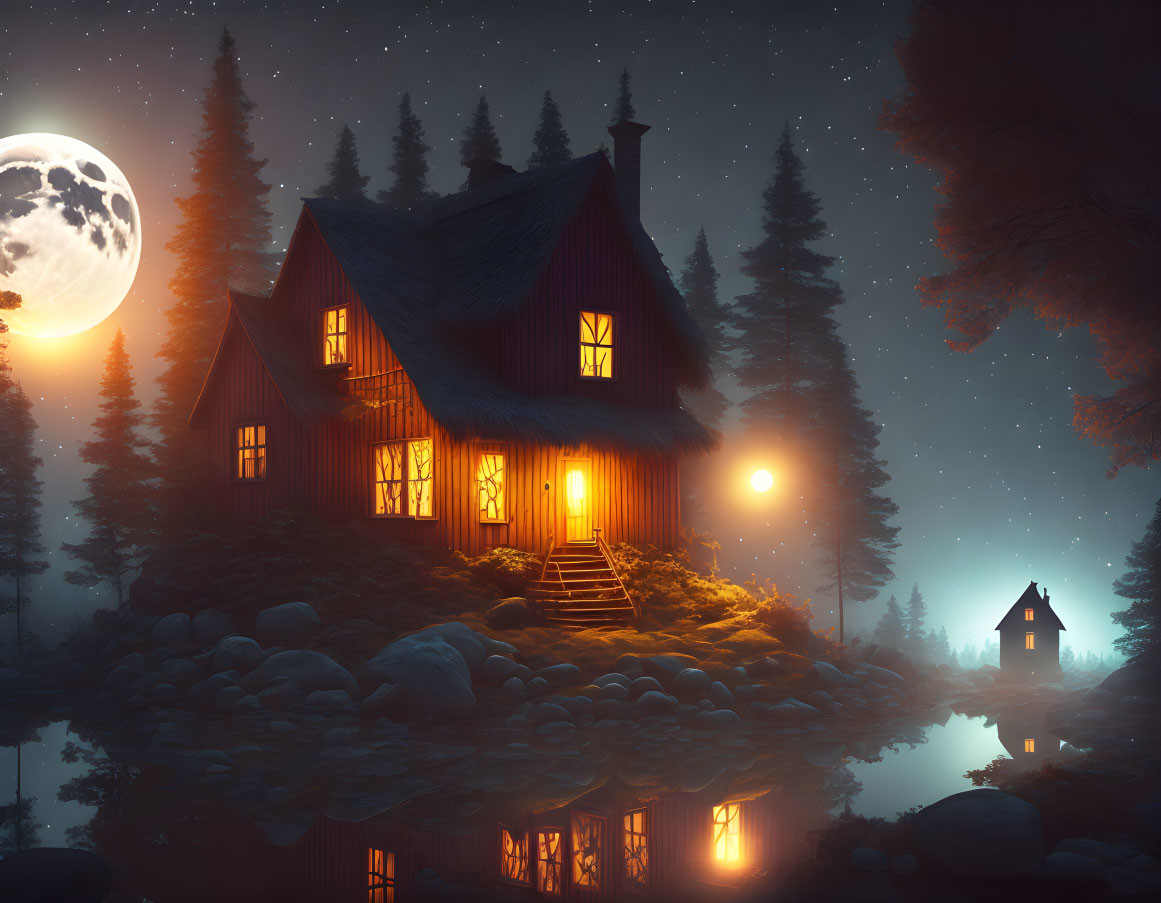 Tranquil night scene: warmly lit cabin by lake, full moon, serene woods