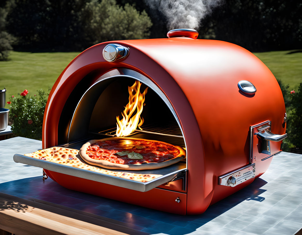 Shiny Red Outdoor Pizza Oven Cooking Pizza with Roaring Flame