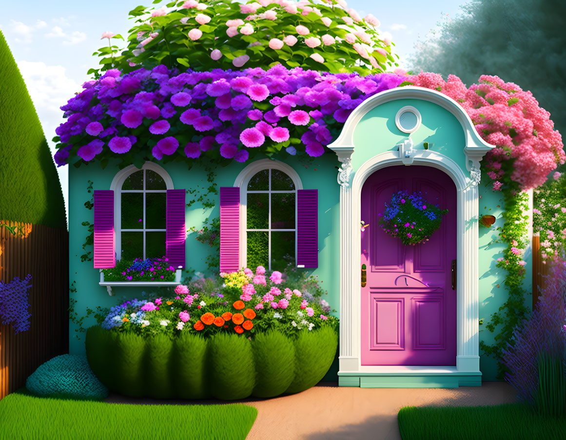 Vibrant house entrance with purple door, arched doorway, pink shutters, flowers, green