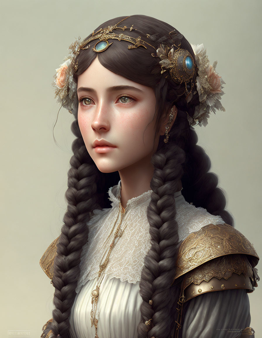 Digital artwork of woman with braided hair, jeweled headpiece, floral accents, ornate armor