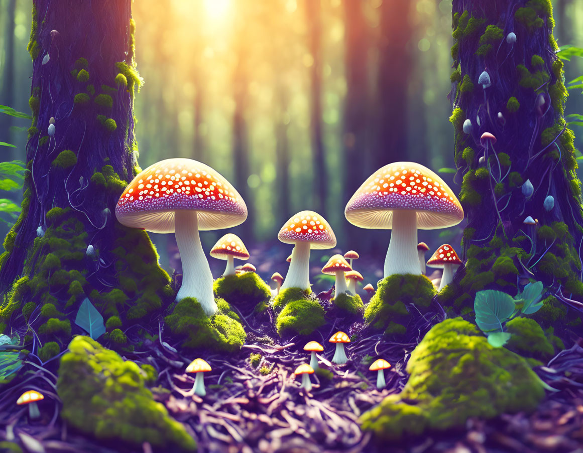 Enchanting forest scene with red-capped mushrooms and sunlight filtering through trees