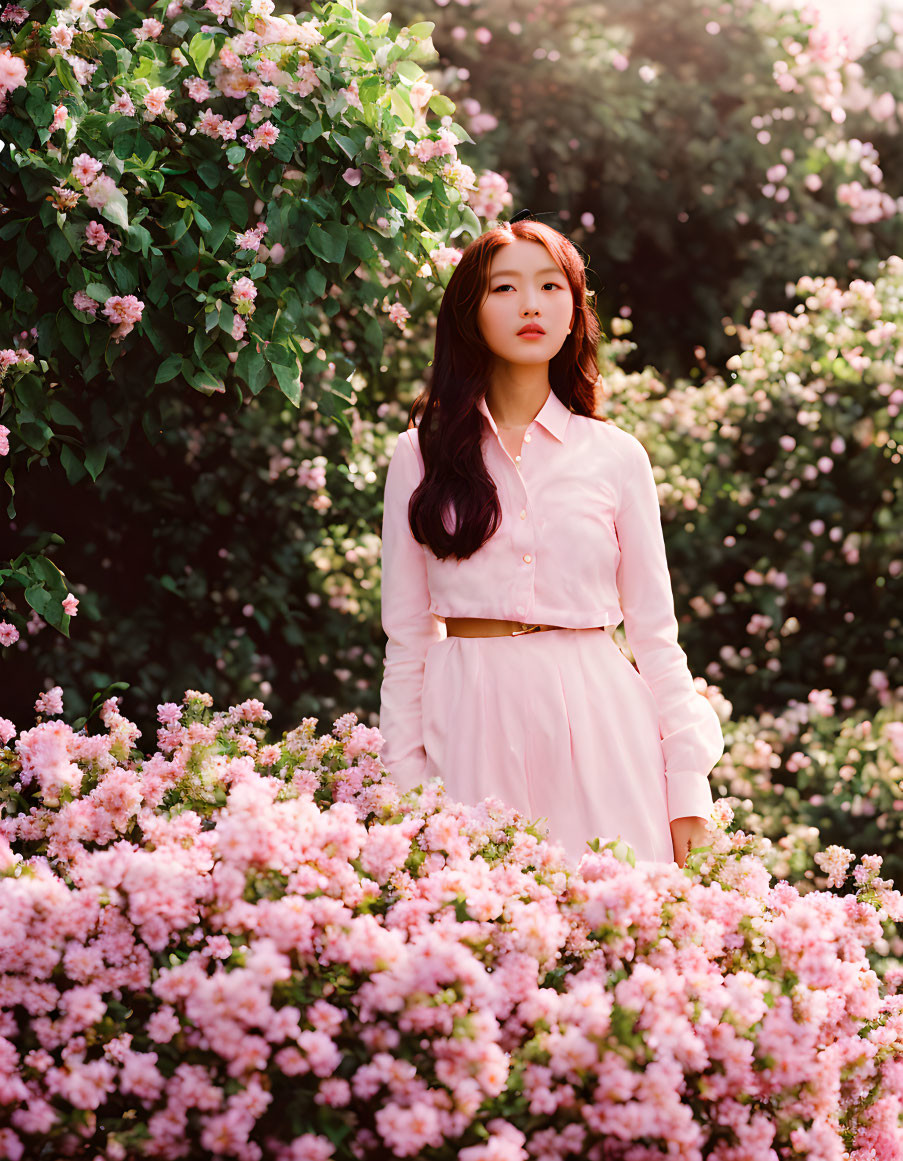 Woman in Pink Dress Surrounded by Blooming Flowers