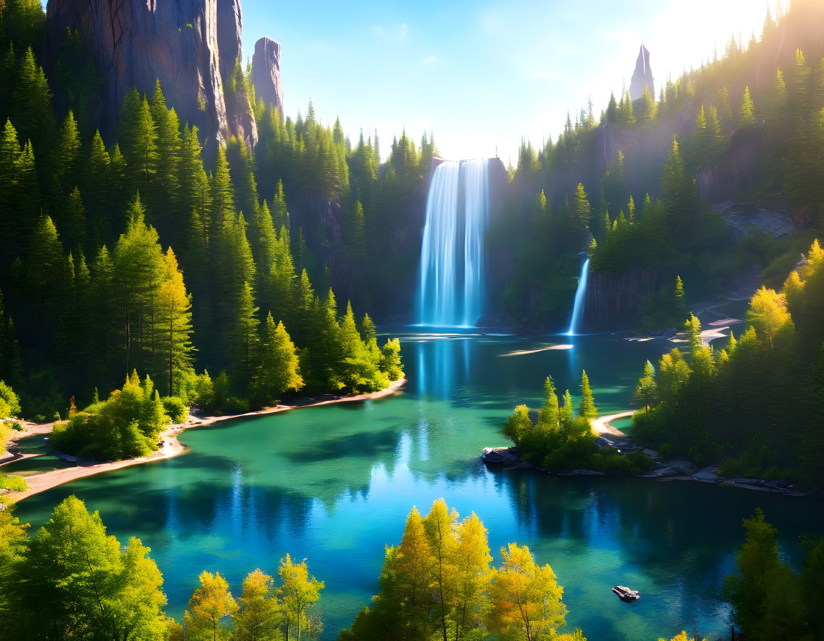 Tranquil landscape with lake, waterfall, trees, and boat under sunlight