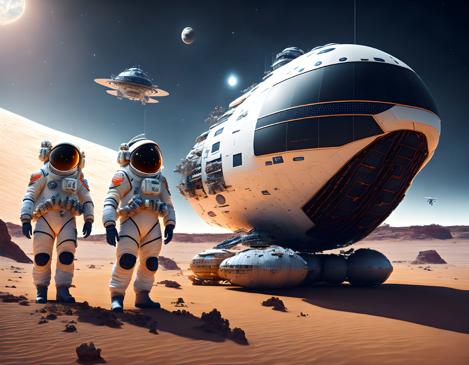 Astronauts exploring alien planet with futuristic spaceship and flying saucers under starry sky