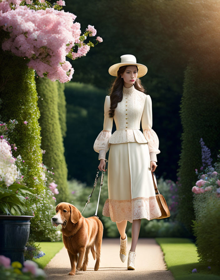 Vintage cream dress lady walking brown dog in lush garden.