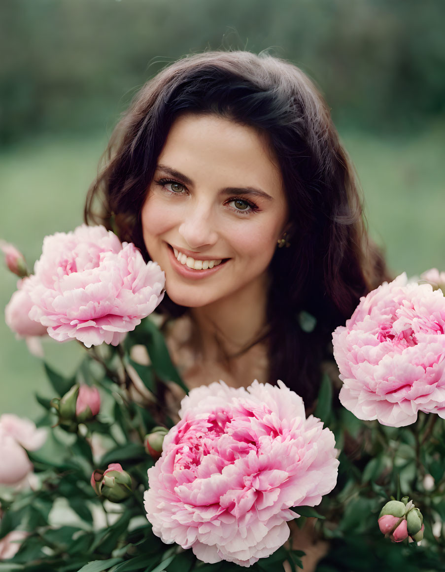 Smiling Woman with Dark Hair Among Pink Peonies