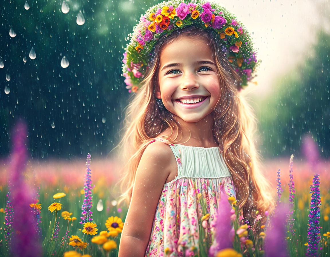 Colorful Flower Crown Adorns Smiling Girl in Rain-Kissed Meadow