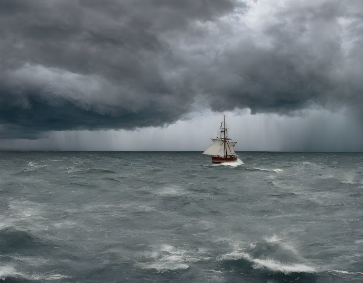 Sailing ship in stormy seas under menacing sky