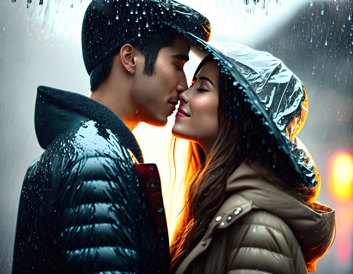 Couple sharing intimate moment in rain-soaked city glow