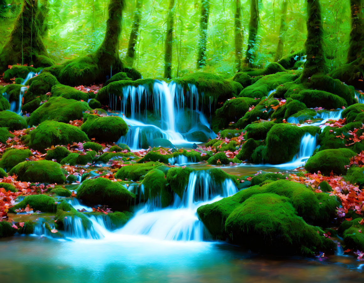 Tranquil forest scene with moss-covered rocks, waterfalls, and autumn leaves