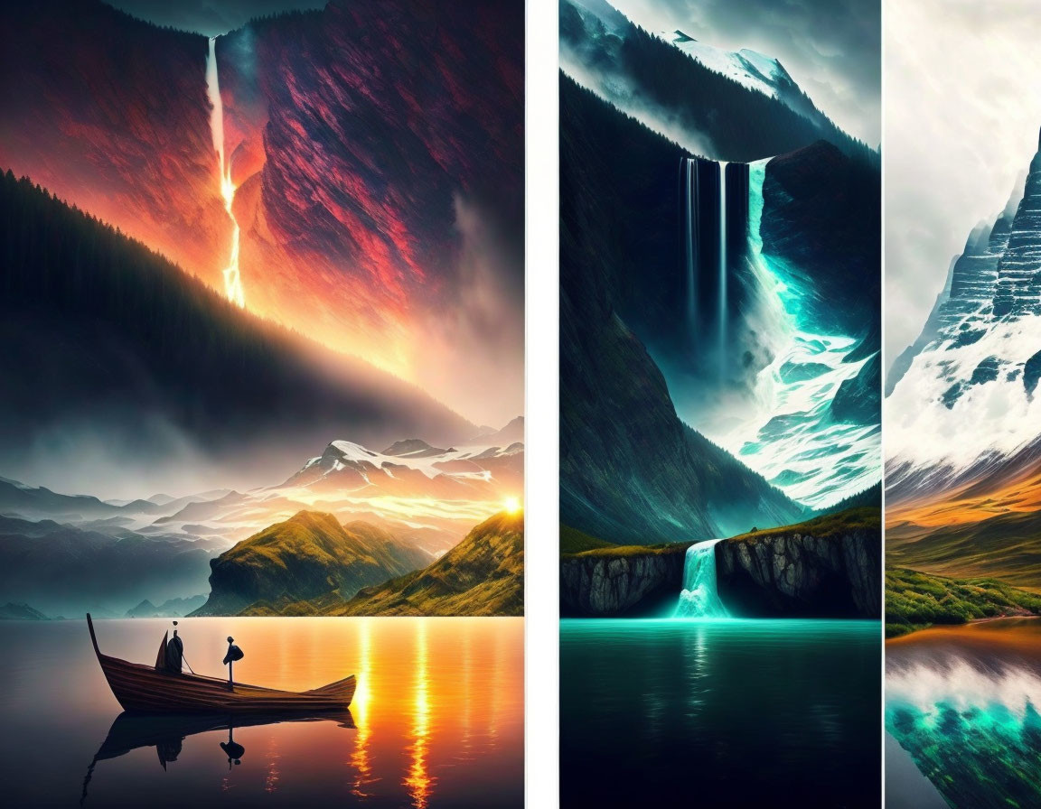 Collage of nature scenes with waterfalls, volcanic eruption, and serene lake.