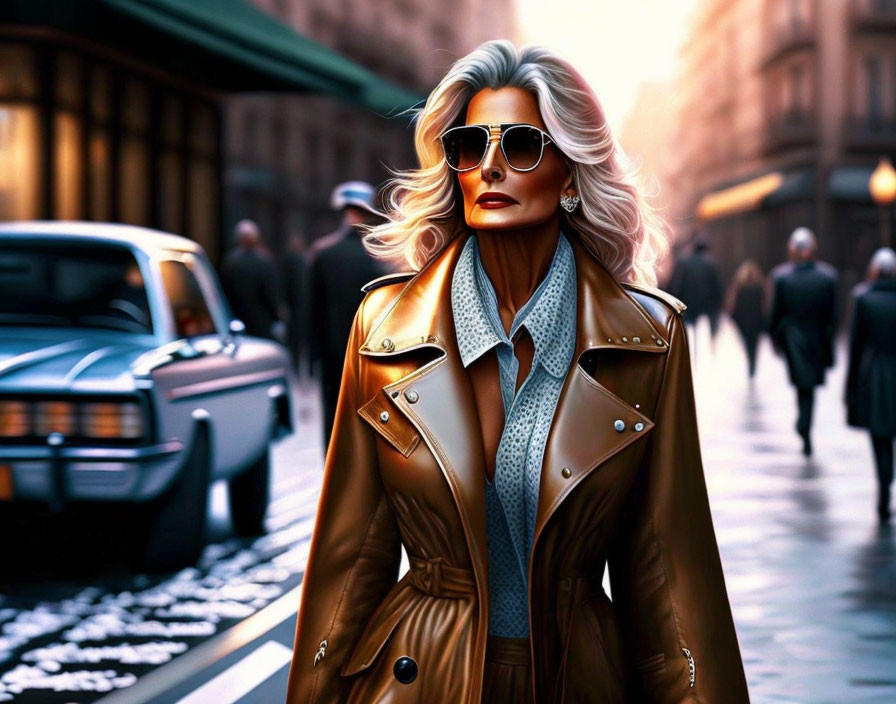 Fashionable Woman in Sunglasses and Trench Coat on Busy City Street