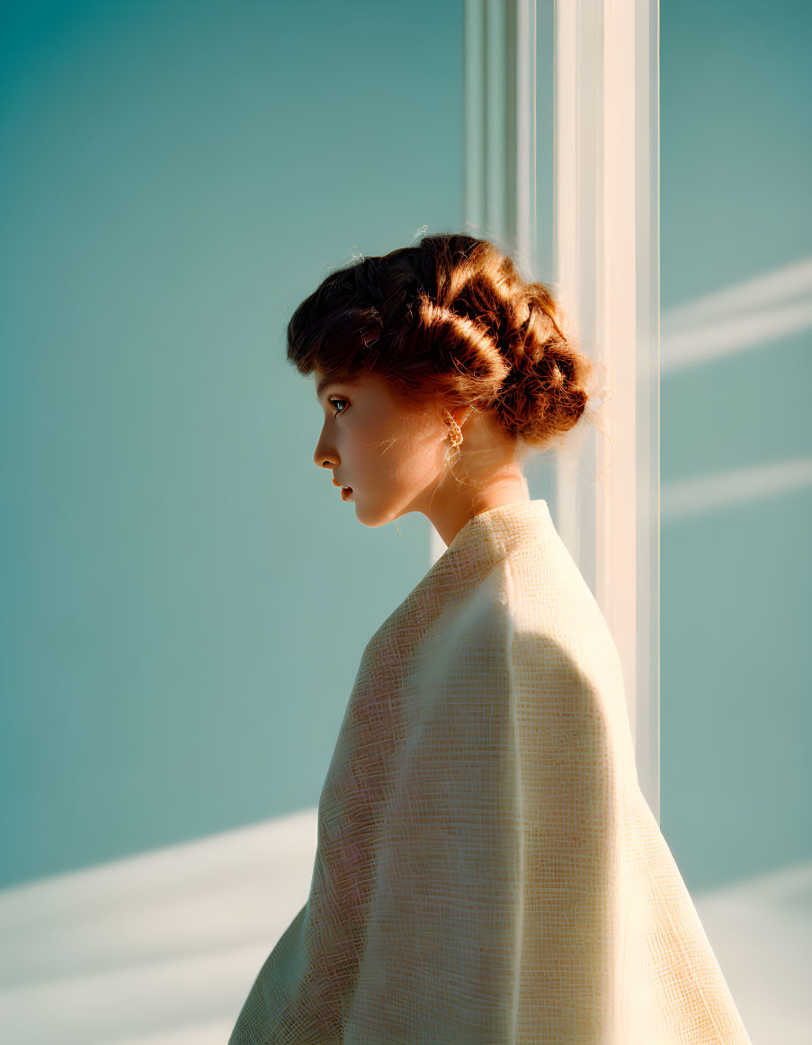 Vintage Hairstyle Woman in Soft Sunlight with Beige Garment