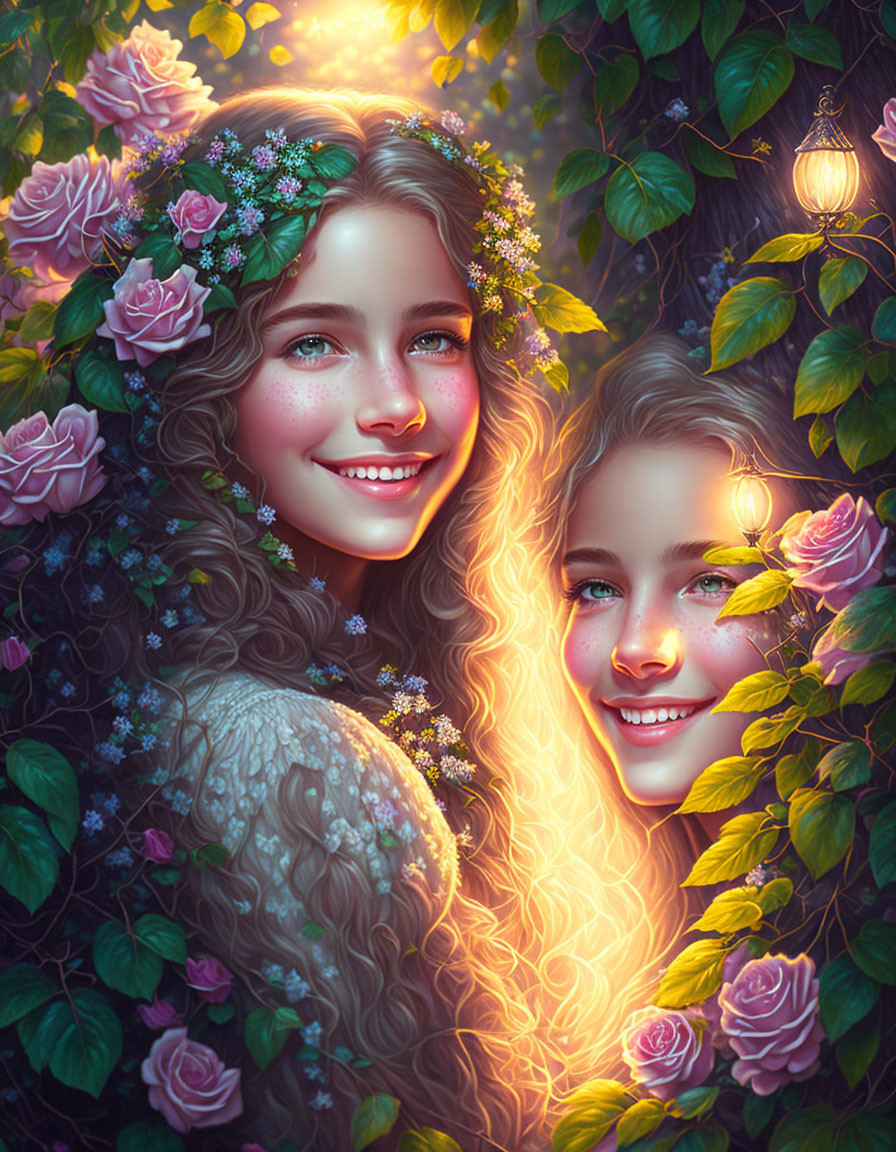 Smiling girls with floral crowns in rose-filled scene