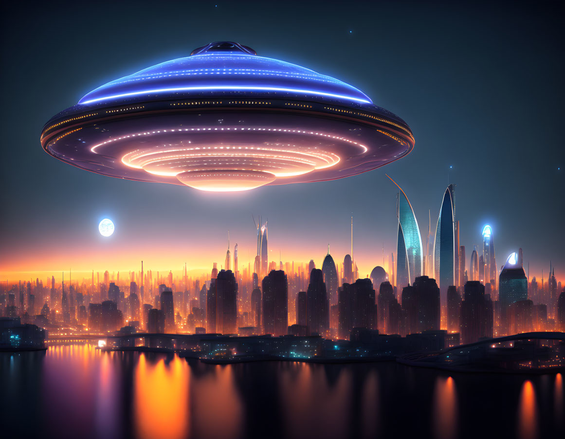 Futuristic city skyline with glowing UFO at dusk