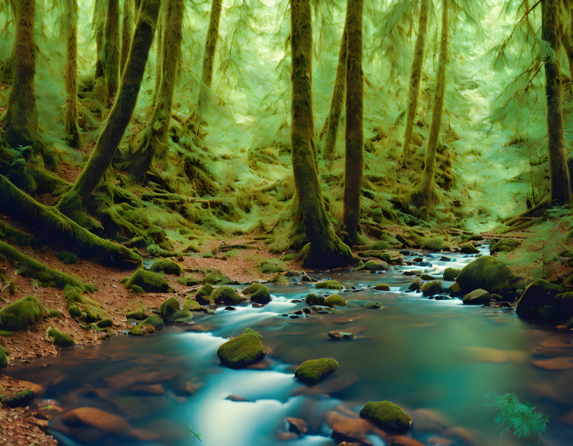 Tranquil forest scene with moss-covered trees and gentle stream