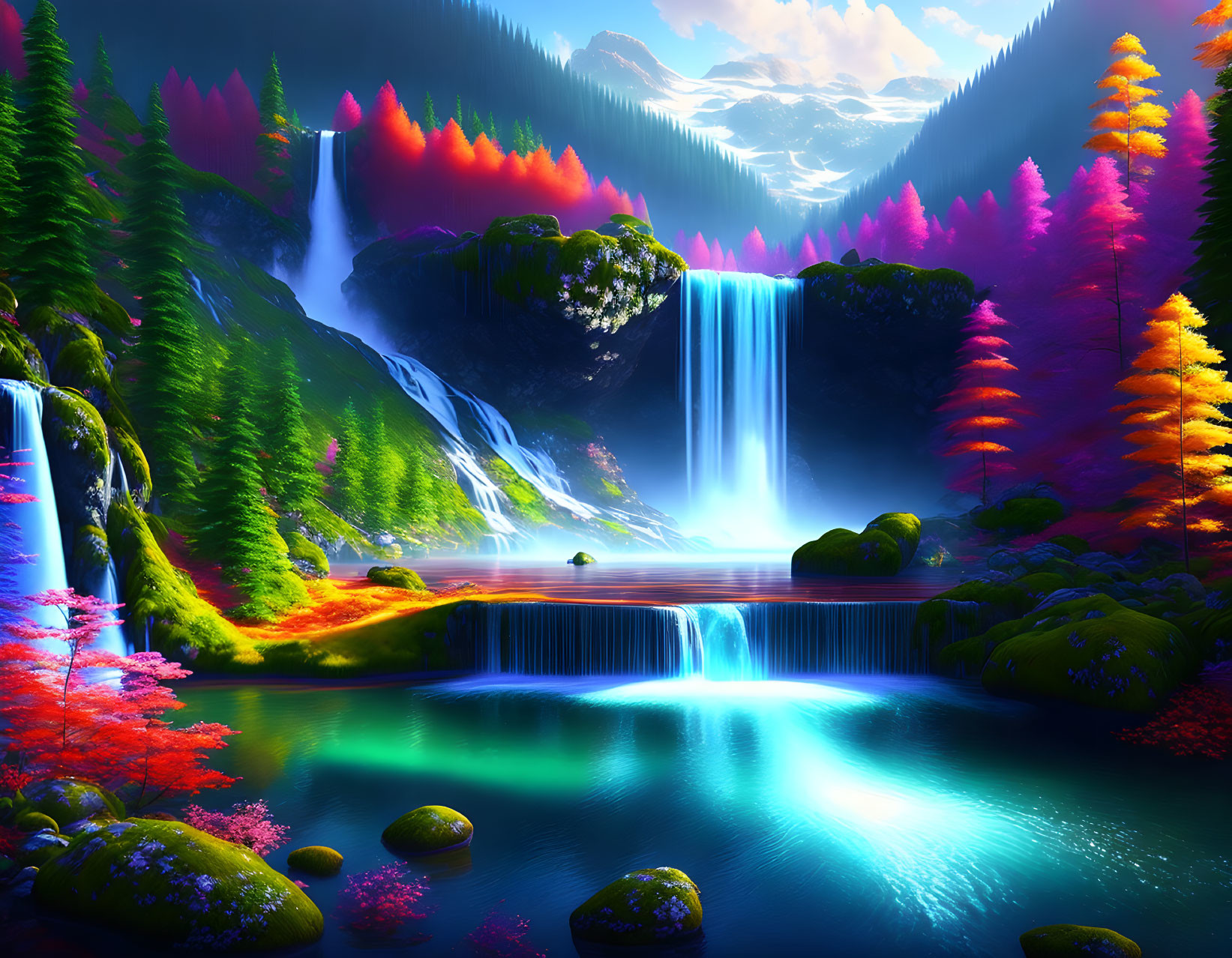 Colorful Fantasy Waterfall Artwork in Enchanting Forest