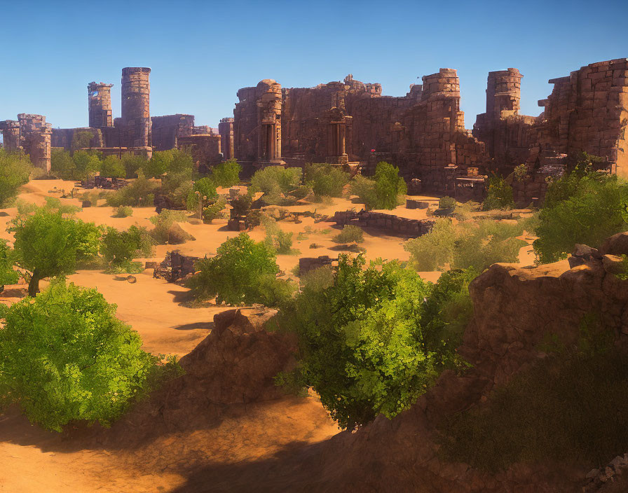 Ancient stone ruins and columns in green landscape under clear blue sky