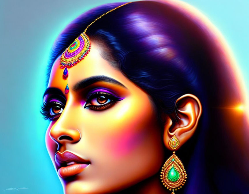 Colorful Digital Artwork: Woman in Traditional Indian Jewelry