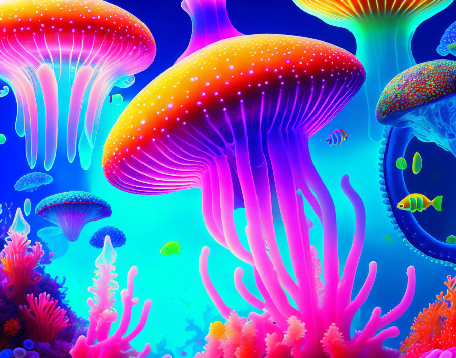 Colorful Jellyfish and Tropical Fish in Underwater Coral Reef