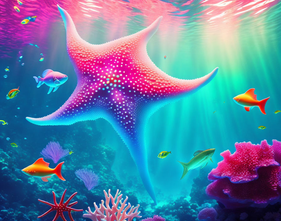 Colorful Starfish Surrounded by Underwater Life and Beams of Light