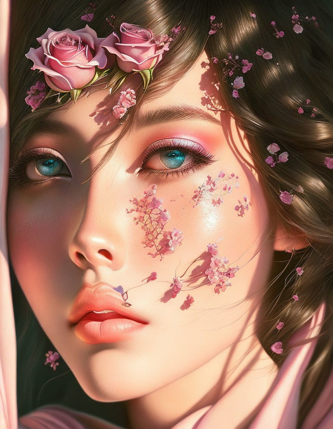 Close-up portrait of female with floral headband, blue eyes, cherry blossoms, and flowing brunette