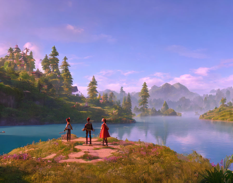 Three people by serene lake with castle, forests, and mountains.