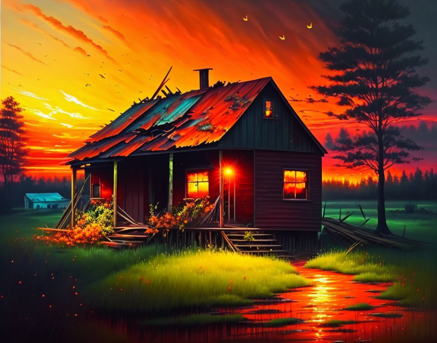 Vivid Orange and Yellow Sunset Behind Wooden Cabin by Water