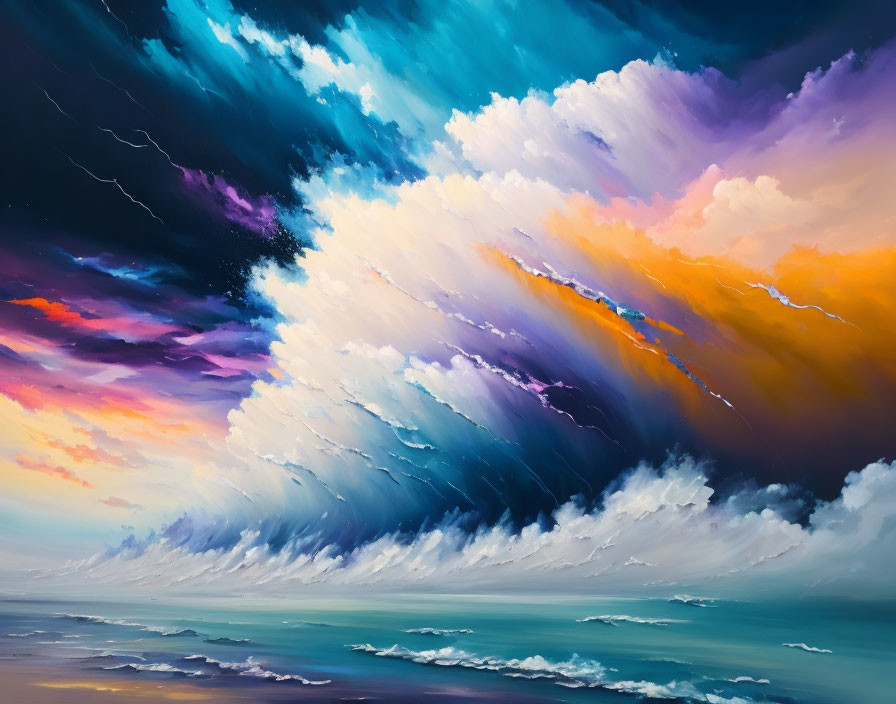 Colorful swirling sky with blue, purple, and orange clouds.