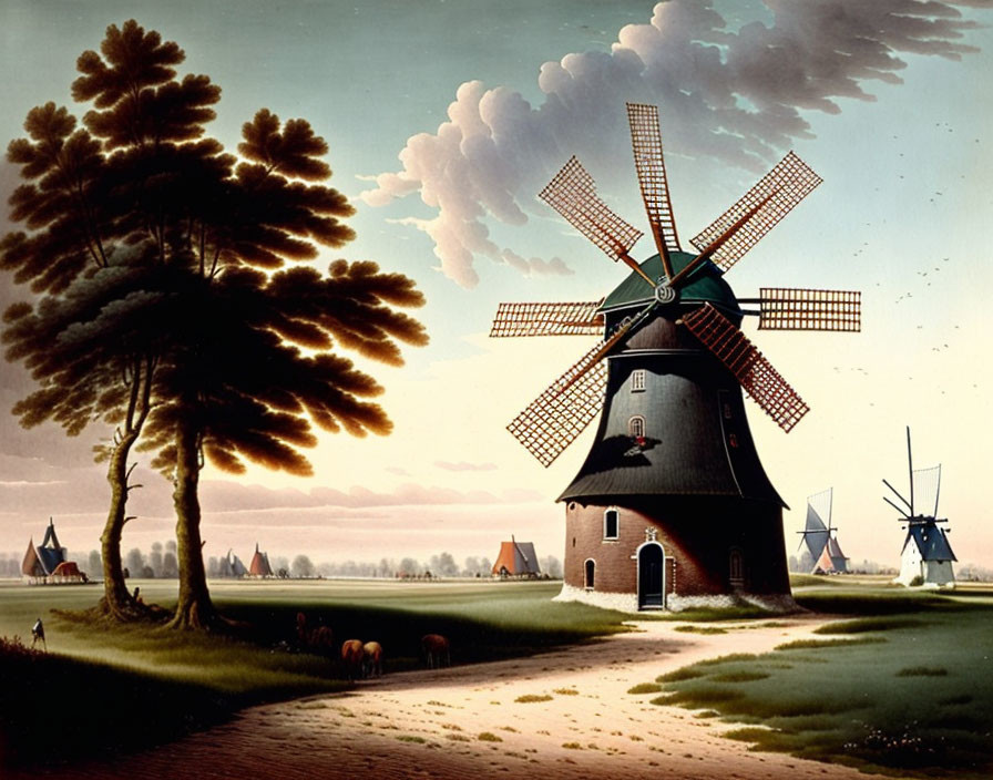 Tranquil landscape with windmills, sheep, trees, and cloudy sky