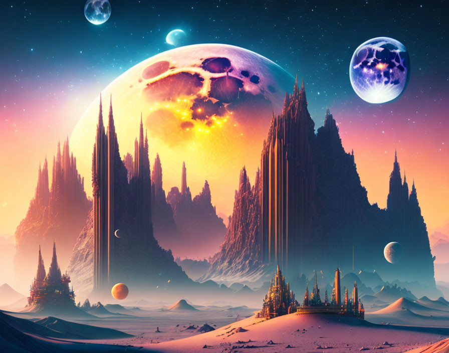 Futuristic sci-fi landscape with towering spires, sand dunes, and multiple moons.