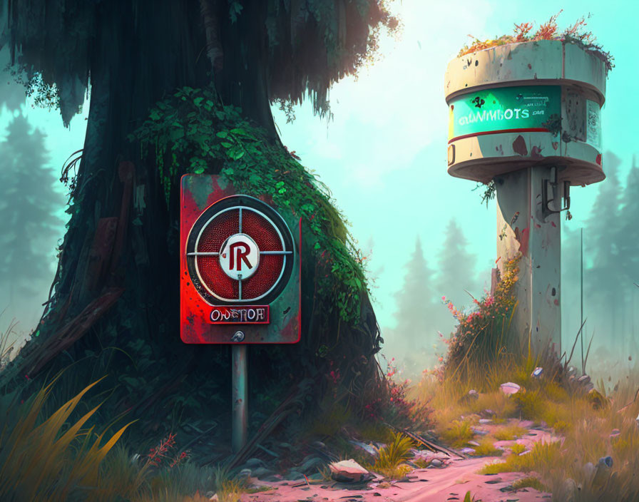 Mystical forest scene with moss-covered tree, water tower, and "No Entry" sign