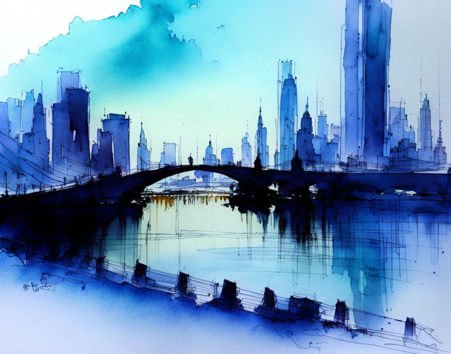 Cityscape Watercolor Painting with Bridge and Abstract Buildings in Blue Tones