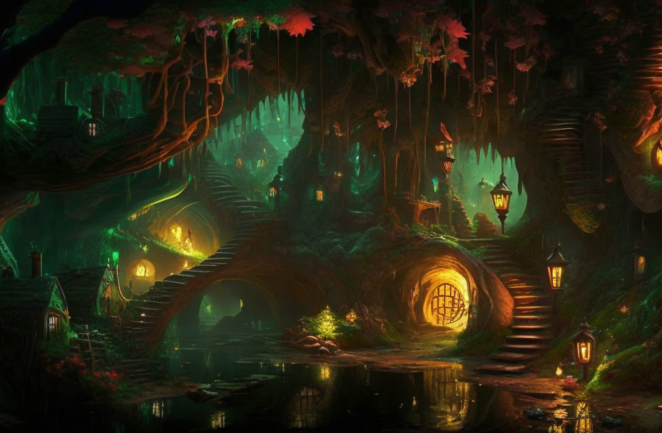 Enchanted forest scene: glowing lanterns, twisting trees, magical dwellings, serene river.