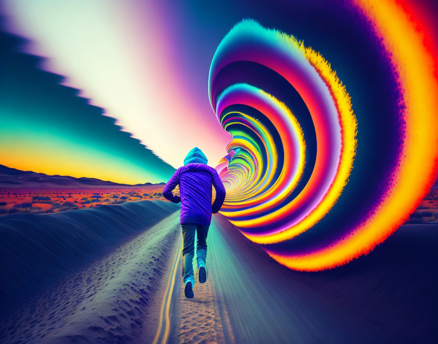 Purple jacket person running to vibrant desert spiral at dusk