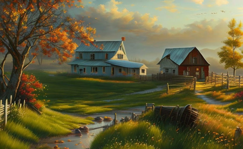 Tranquil Countryside Landscape with White House, Red Barn, Stream, and Autumn Trees