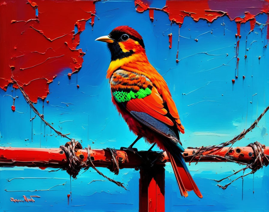 Colorful Bird Perched on Barbed Wire Against Peeling Paint Background