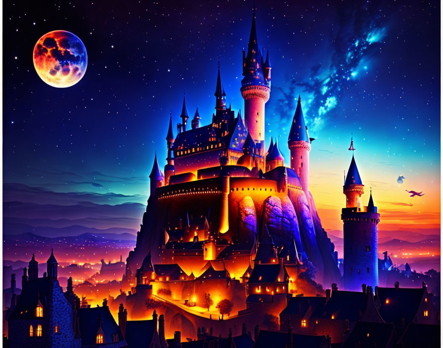 Fantasy castle at twilight with full moon and starry sky