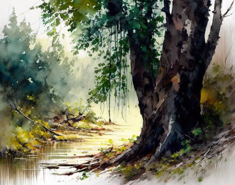 Tranquil forest scene with sunlight and stream