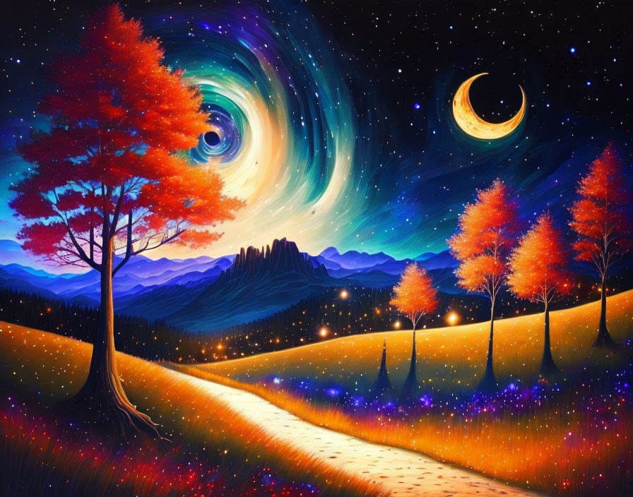 Fantasy landscape with starry sky, crescent moon, glowing trees, and luminous pathway