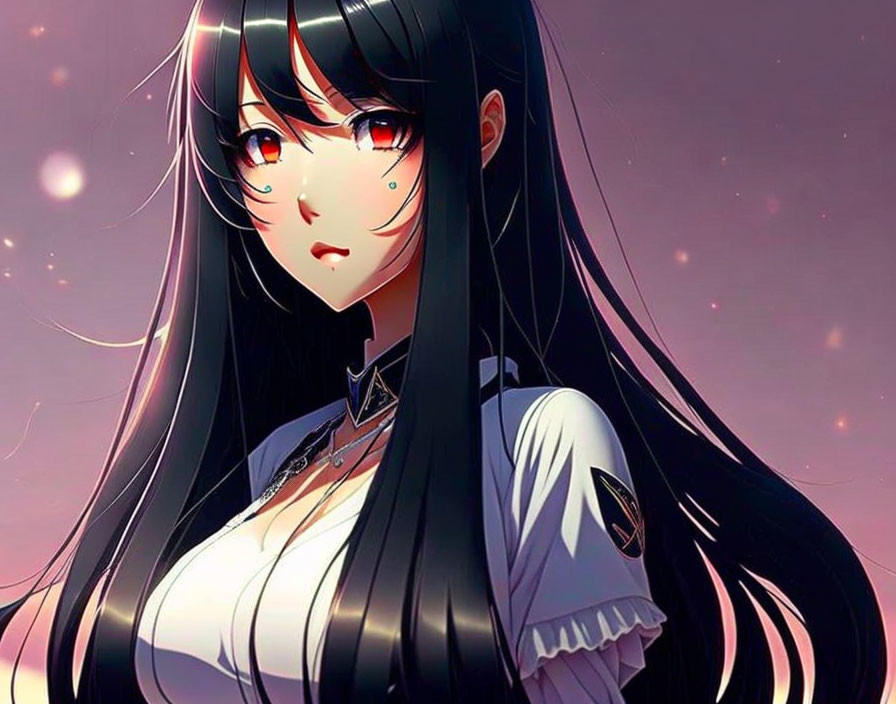 Stylized anime girl with long black hair and red eyes on pink starry background